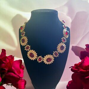 Vintage Gold Tone Red Rhinestone Floral Necklace. Arnold Scaasi Ruby Red Glass &